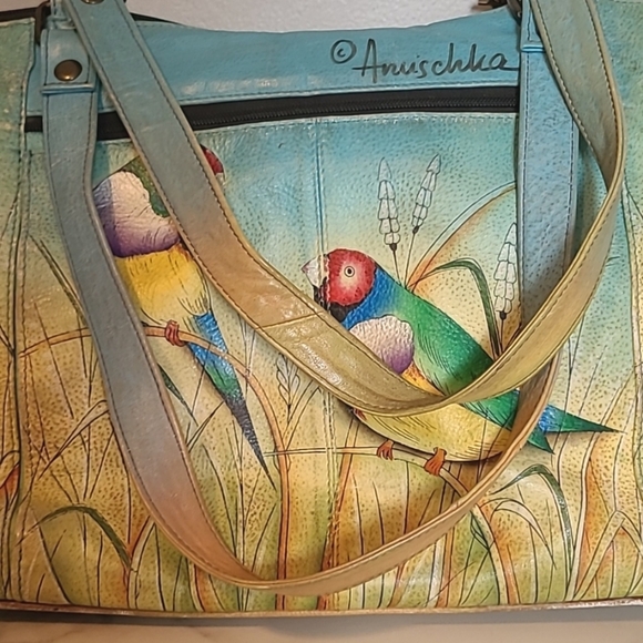 Anuschka Leather Vibrant Hand-Painted Parrot Design Tote Bag Artsy Boho Unique - Picture 6 of 16